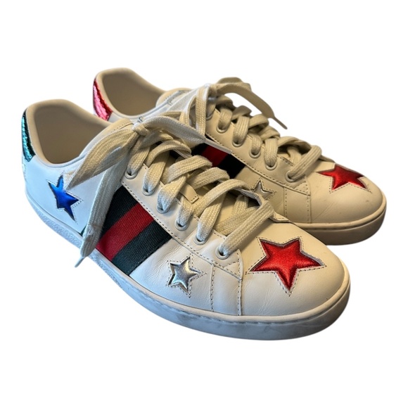 Gucci Ace Star Sneakers – White & Metallic Red/Green Leather – Size 44 EU (US 11 - Picture 1 of 6